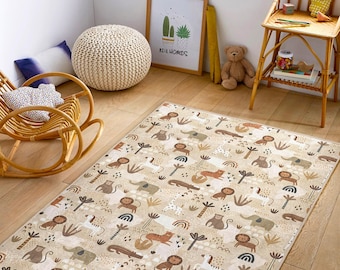 Jungle Animal Activity Rug|Safari Themed Nursery Rug|Boho Kids Room Decor|Woodland Animal Babyroom Rug|Cute Animal PlayMat|Gift For Baby Boy