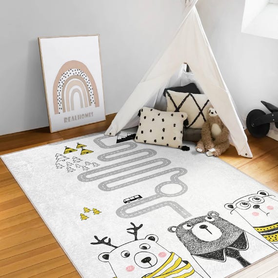 Scandinavian Kids Rug|bear Themed Nursery Rug|boho Playroom Rug