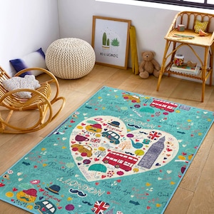 Alfombra para niños con tema de Londres/Alfombra de juego de aventuras en la ciudad de Londres/Alfombra colorida de la habitación para niños con iconos de Londres/Alfombra con patrón de iconos de Londres/Alfombra colorida para guardería