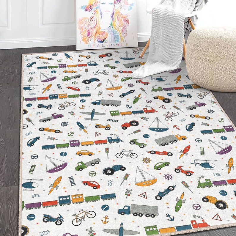 Transportation Rug Transportation Kids Rug | Cars, Planes, Ships Patterned Nursery Carpet ...