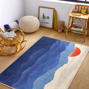 Ozean und Sonnenuntergang Themen-Spielteppich|Blaue Aquarell Kinderspielmatte|Sonnenaufgang Kindergartenteppich|Gemusterter Kinderteppich Wawe|Geschenk für Jungen|Waschbar