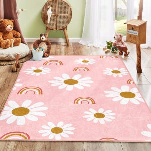 Gänseblümchen Regenbogen Teppich|Rosa Blumen Kinder Teppich|Süßer Spielzimmer Teppich|Rosa Gänseblümchen Babyzimmer Decke|Boho Baby Mädchen Teppich|Skandinavischer Deko Teppich für Kinder