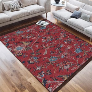 Botanical Pattern Living Room Rug|Floral Area Rug|Vintage-İnspired Floor Mat|Rustic Style Rug|Traditional Oriental Carpet|Claret Red Rug