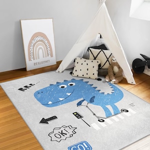 Funny Dinosaur Kids Activity Rug|Blue Dino Rug For Boy|Cartoon Kids Room Carpet|Dino Babyroom Rug|Dino İn The Road Kids Rug|Anti Slip Carpet