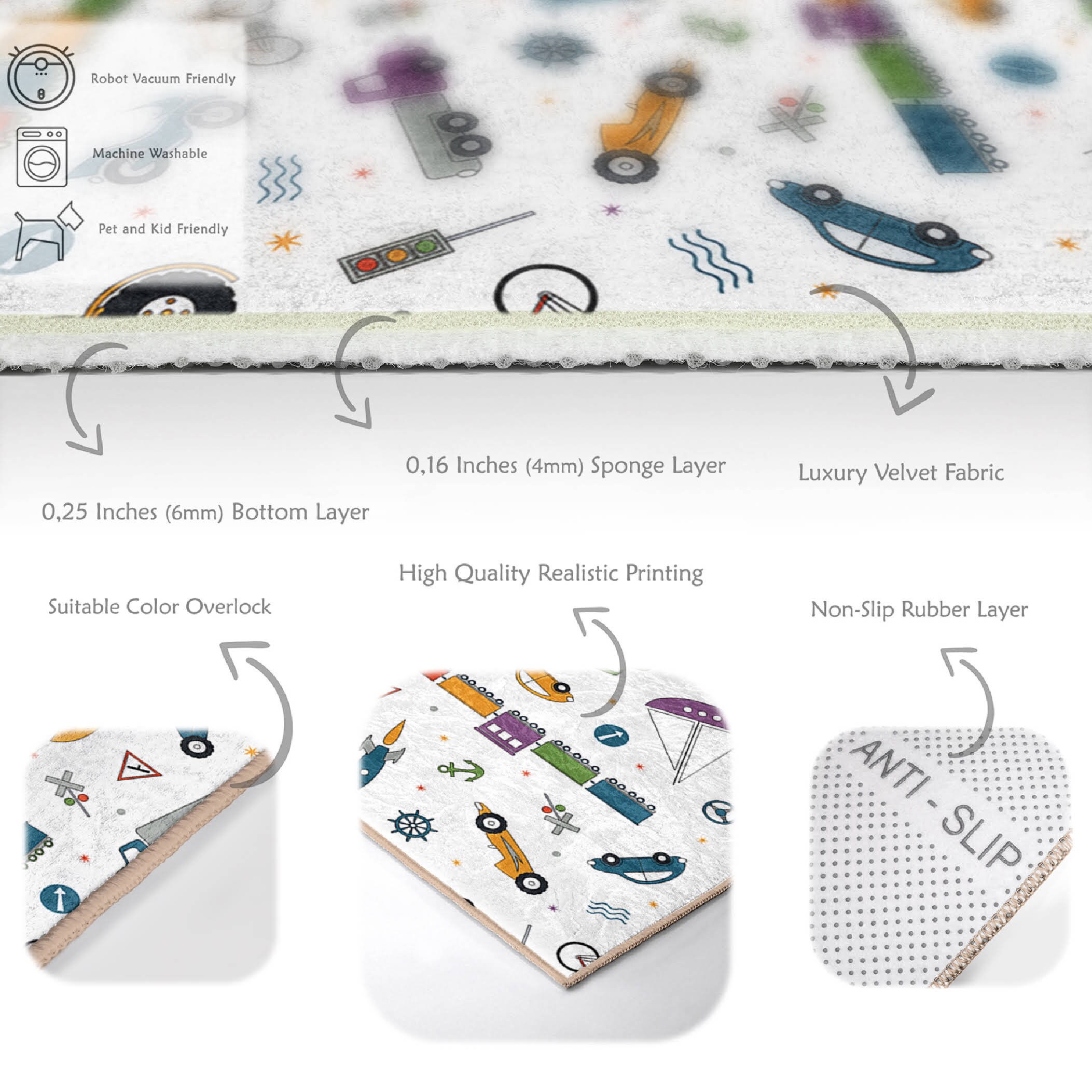 Transportation Rug Transportation Kids Rug | Cars, Planes, Ships Patterned Nursery Carpet ...