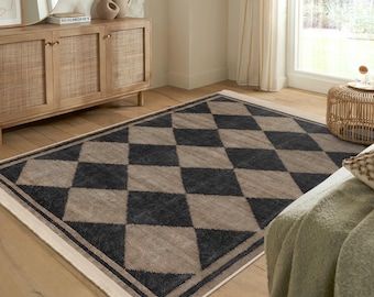 Geometric Diamond Area Rug | Black and Beige Checkered Floor Mat