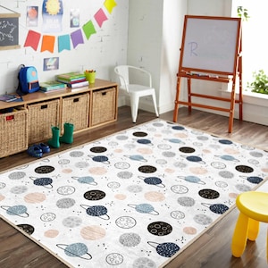 Planet Patterned Boy Room Rug|Space Themed Kids Room Carpet|Rocket and Space Activity Rug|Stars And Planets Nursery Carpet|Astronomy Rug