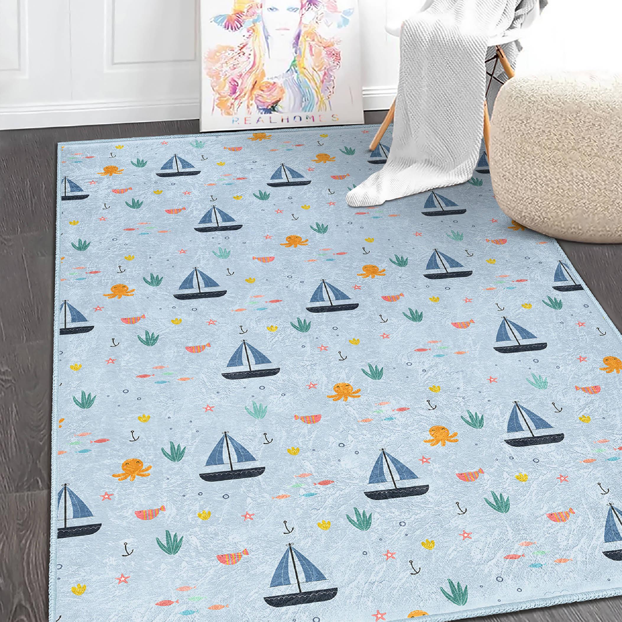 Ocean Nursery Rug | Nautical Theme Activity Mat, Sailboat Print ...