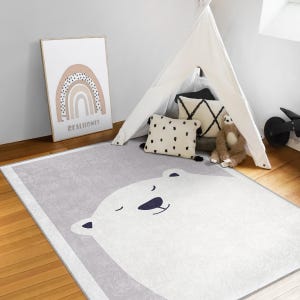 Alfombra de guardería con oso polar/alfombra escandinava para habitación de niños/alfombra de juego con oso de dibujos animados/alfombra minimalista para habitación de niños/alfombra con forma de animal para niños/alfombra lavable a máquina