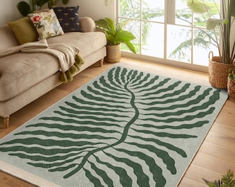 Green Leaf Area Rug|Botanical Living Room Rug|Scandinavian Floor Mat|Minimalist Carpet|Matisse Leaf Area Carpet|Boho Rug|Housewarming Gift