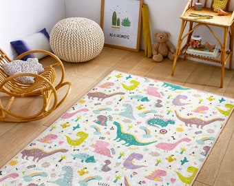 Dinosaur Kids Rug | Non-Slip Nursery Play Mat |Colorful Dino Carpet