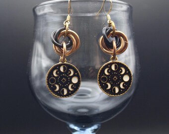Bronze and Black Chainmail Moon Phase Earrings
