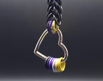 Long Chainmail Nonbinary Pride Heart Keychain Keyring