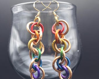 Bronze and Rainbow Chainmail Earrings