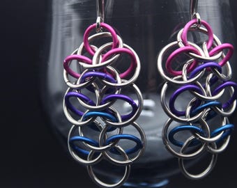 Chainmail earrings hangers Bi Pride Rainbow Dragonscale ear weights for gauged ears