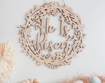 Wooden Easter Wreath (He Is Risen )- Religious Front Door Decor, Home Decoration for Easter, Gift for Christians and Catholics