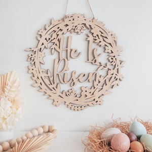 Wooden Easter Wreath (He Is Risen )- Religious Front Door Decor, Home Decoration for Easter, Gift for Christians and Catholics