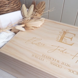 Personalised Floral Monogram Wooden Keepsake, Custom Newborn Memory Chest, Engraved Initial Birth Detail Storage