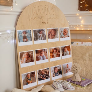 Tablero de fotos de cumpleaños de madera (diseño de hojas): tablero de recuerdos de madera con fotos de un año, tablero de hitos mensuales, tablero del primer año del bebé