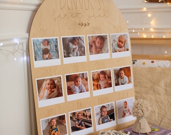 Engraved Wooden Birthday Photo Board – Baby's First Year Milestone