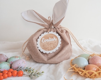Personalized Burlap Easter Treat Bag – Bunny Ears, Engraved Tag