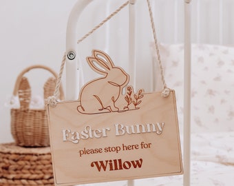 Personalized Easter Bunny Stop Here Sign - Wooden Easter Decor