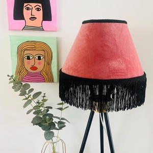 Luxury rose blush, black fringed tassel handmade lampshade. Table floor lamp.