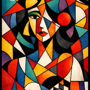 Modern Cubist Portrait Print – Abstract Geometric Woman Wall Art | Bold Color Contemporary Decor