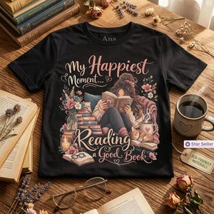 Könnte beinhalten: Schwarzes T-Shirt mit dem Text "My Happiest Moment... Reading a Good Book" und einer Grafik einer lesenden Person. Das Design umfasst Blumen, Bücher, eine Katze und eine Kaffeetasse. Das Shirt liegt auf einer Holzoberfläche.