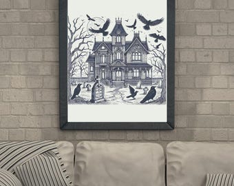Impresión digital de Casa Embrujada con Cuervos, Arte Mural de Halloween, Decoración Gótica Espeluznante para el Hogar, Obra de Arte de Terror Imprimible, Descarga Instantánea