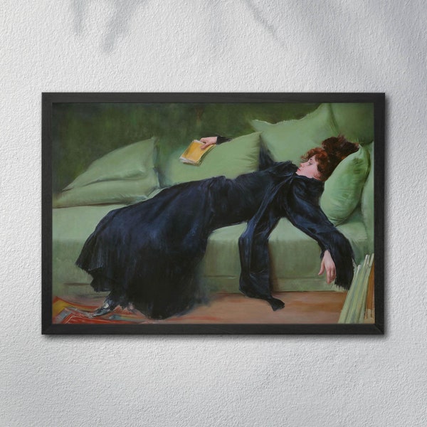 Decadent Young Woman, Jove Decadent by Ramon Casas, After Ball, After the Dance Painting Green Wall Art for Home Decor Colorful Wall Art