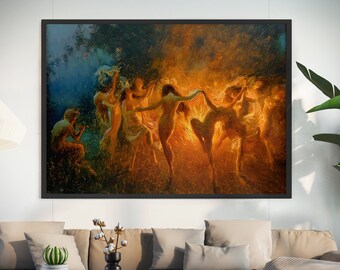 Vintage Painting, Nymphs Dancing Wall Art, Fire Dance Painting