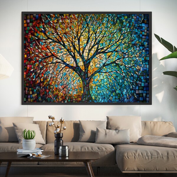 Colorful Mosaic Painting, Tree of Life Artwork, Canvas Print, Norse Mythology Art