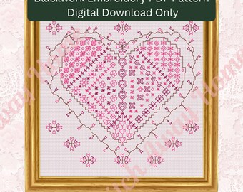heart sampler embroidery pattern, heart blackwork, backstitch only, snowflakes, floral, geometric, beginner blackwork, blackwork pdf pattern