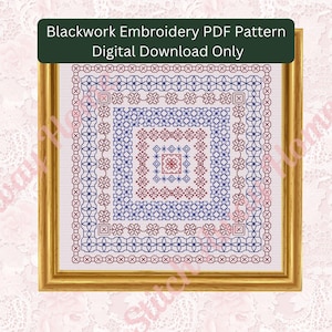 May include: A digital download PDF pattern for blackwork embroidery. The pattern features a square design with concentric squares of different geometric patterns in red and blue thread on a white background. The pattern is framed in a gold frame.