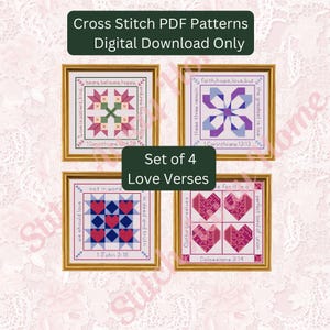 May include: Set of four framed cross-stitch patterns with gold frames. Each features a different design and Bible verse about love. The top text reads "Cross Stitch PDF Patterns Digital Download Only" and "Set of 4 Love Verses".