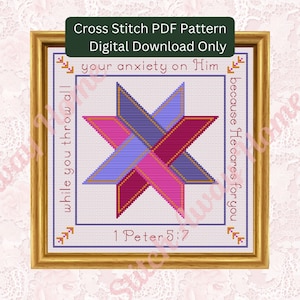 Puede incluir: Patrón de punto de cruz PDF para un diseño de estrella colorido con el texto "while you throw all your anxiety on Him because He cares for you" y "1 Peter 5:7".