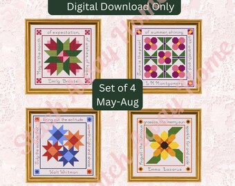 May June July August cross stitch patterns: set of 4, quilt inspired monthly patterns, spring, summer