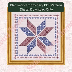 May include: A digital download PDF pattern for blackwork embroidery. The pattern features a starburst design with red and blue geometric shapes on a white background. The pattern is framed in a gold frame.