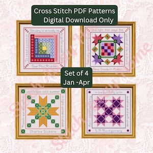 January February March April cross stitch patterns, set of 4, monthly cross stitch, seasonal cross stitch, quilts and quotes, month patterns