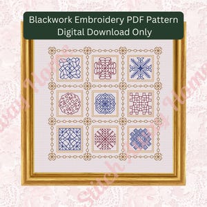 May include: A digital download PDF pattern for blackwork embroidery. The pattern features nine different geometric designs in a grid layout. The designs are outlined in gold and filled with red and blue thread.