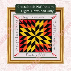 valley of shadow  cross stitch pattern, psalm 23 scripture,  bible cross stitch, quilts quotes, inspirational design, modified star block