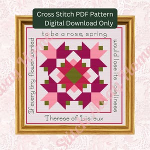tiny flower cross stitch, therese lisieux, downloadable cross stitch, flower variation quilt block, spring cross stitch, quilts and quotes