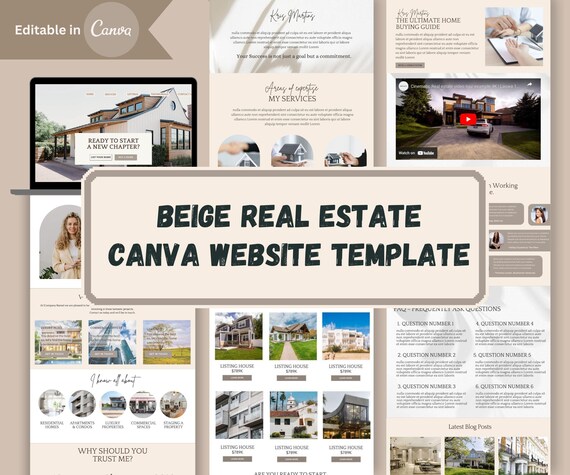 Real Estate Website Template, Beige Themed One-page Canva Website Design, Editable Realtor Website, Custom Web Design for Real Estate Agent