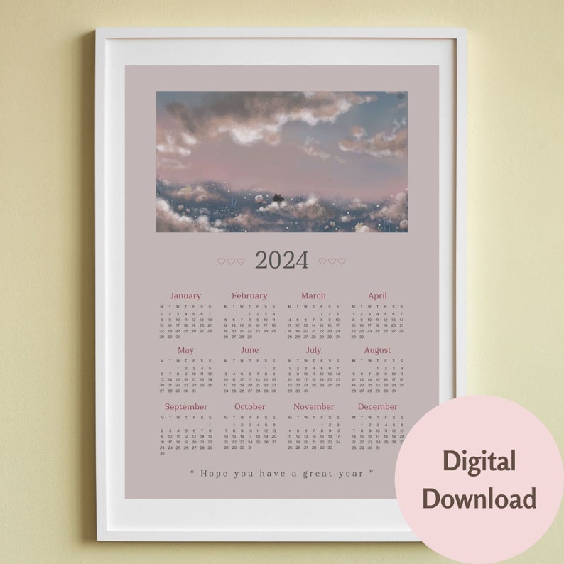 2024 Yearly Calendar Printable 2024 Calendar, Vertical Calendar 2024
