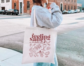 Pasta Tote Bag Tomate Mädchen Einkaufstasche La Dolce Vita Dosenfisch Tragetasche Sardinen Mädchen Abendessen Tote Tomate Mädchen Sommer Erdbeere Tote Lemon