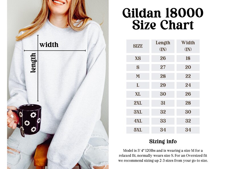 K&ouml;nnte beinhalten: Hellgraues Gildan 18000 Sweatshirt mit Gr&ouml;&szlig;entabelle. Die Tabelle listet die Ma&szlig;e in Zoll f&uuml;r die Gr&ouml;&szlig;en XS bis 5XL auf. Das Model tr&auml;gt Gr&ouml;&szlig;e M und ist 163 cm gro&szlig; und wiegt 54 kg.