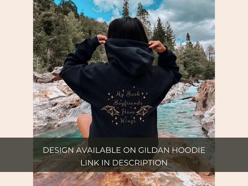 May include: Black hoodie with a gold graphic that says "My Book Boyfriends Have Wings" with a bat illustration.