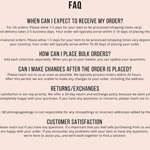 May include: FAQ page with information about shipping, bulk orders, order changes, returns and exchanges, and customer satisfaction. The text includes information about processing times, order deadlines, and customer service.