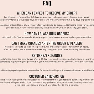 May include: FAQ page with information about shipping, bulk orders, order changes, returns and exchanges, and customer satisfaction. The text includes information about processing times, order deadlines, and customer service.